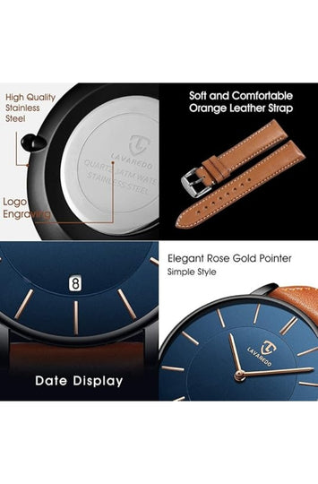 Minimalist Analog Watch with Leather Strap and Date Display