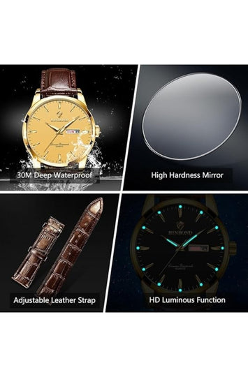 Men's Analog Quartz Watch with Brown Leather Strap