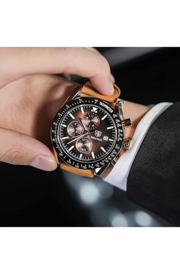 Men's Analog Quartz Chronograph Watch with Leather Strap