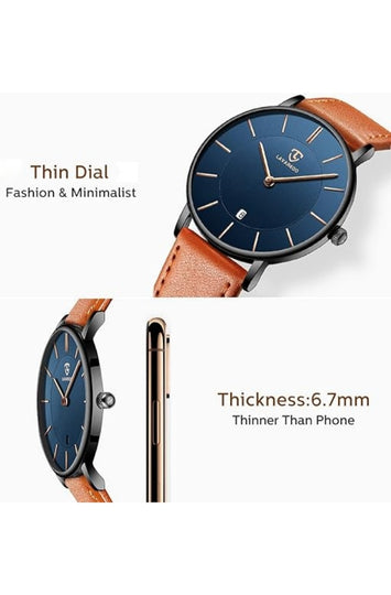 Minimalist Analog Watch with Leather Strap and Date Display