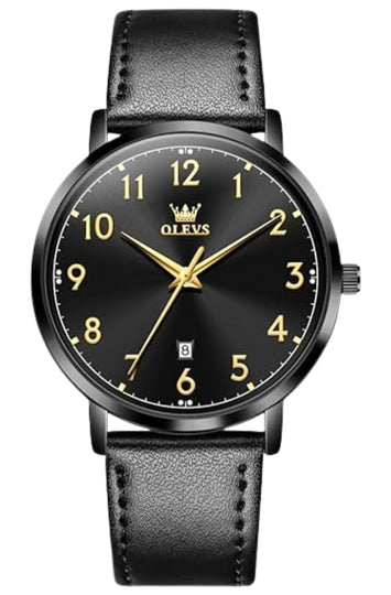 Men's Analog Quartz Watch with Leather Strap and Date Display