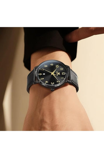 Men's Analog Quartz Watch with Leather Strap and Date Display