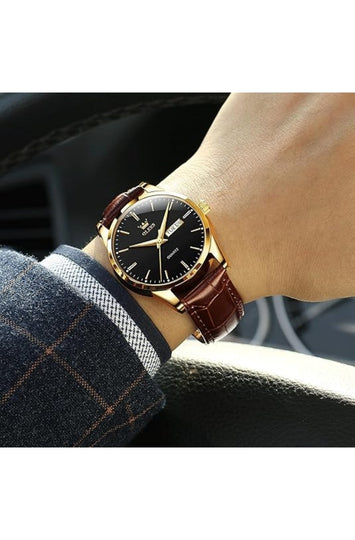 Men's Analog Quartz Watch with Leather Strap