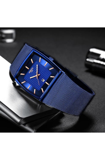 Men's Square Analog Quartz Watch with Mesh Steel Band