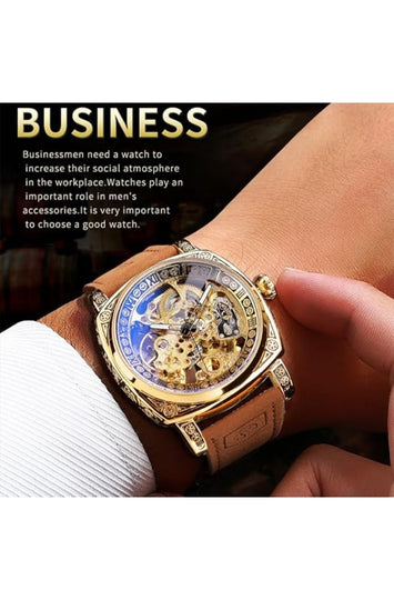 Men's Mechanical Self-Winding Square Watch with Skeleton Design