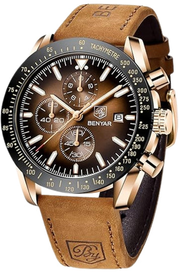 Men's Analog Quartz Chronograph Watch with Leather Strap