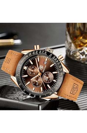 Men's Analog Quartz Chronograph Watch with Leather Strap