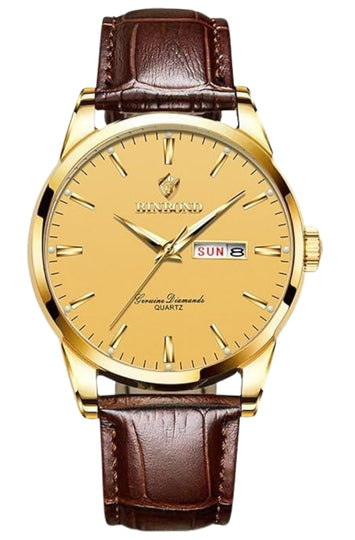 Men's Analog Quartz Watch with Brown Leather Strap