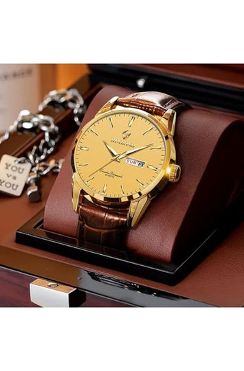 Men's Analog Quartz Watch with Brown Leather Strap